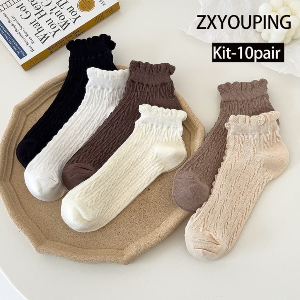 ZXYOUPING 3/10 Pares Japonês Torção Rendas No Show Meias Femininas Cor Sólida Baixo Corte Barco Ins Na Moda JK Lolita To