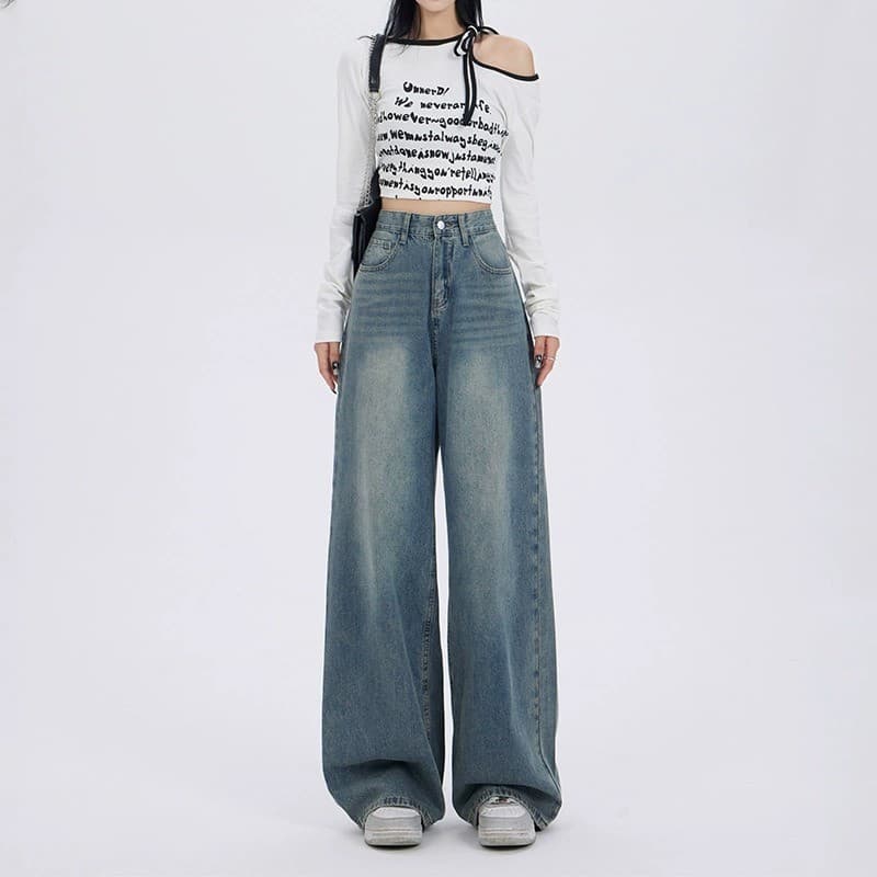 Calças Jeans Femininas Azuis Nostálgicas de Perna Larga, Novo Estilo de Primavera, Cintura Alta Solta e Moderna com Efei