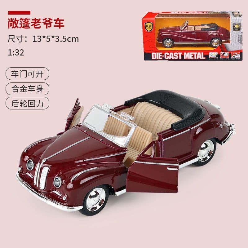 Modelo de carro vintage conversível retrô de liga metálica com sistema de fricção, brinquedo para meninos e crianças, de