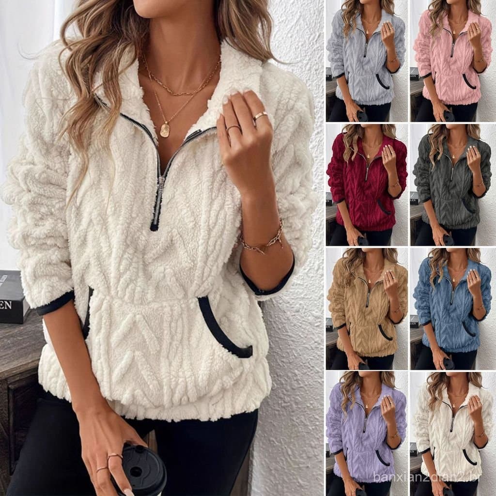 Cross-Border 2025 outono inverno novo estilo europeu americano lapela Jacquard meio zíper bolso de pelúcia moletom curto