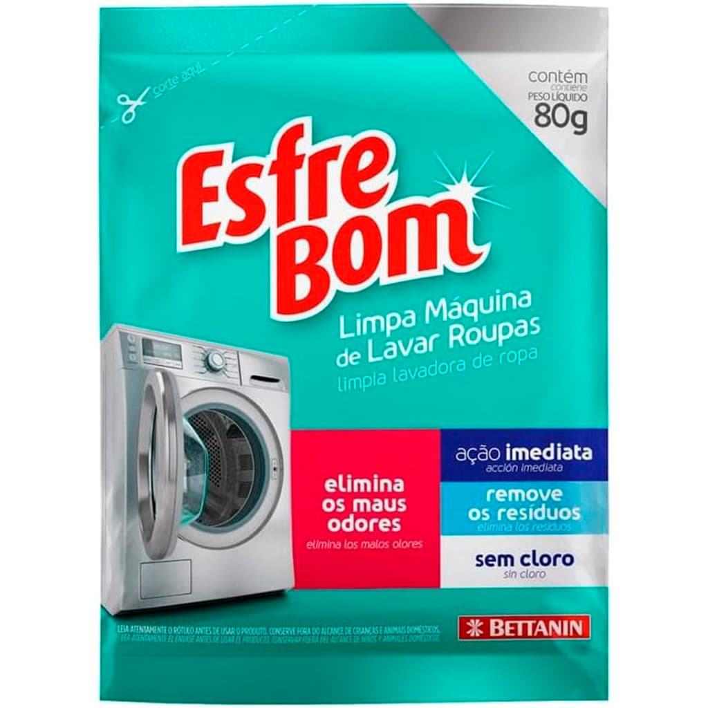 Limpa máquinas de lavar roupa esfreBom 80g sem cloro cção imediata, remove resíduos e odores
