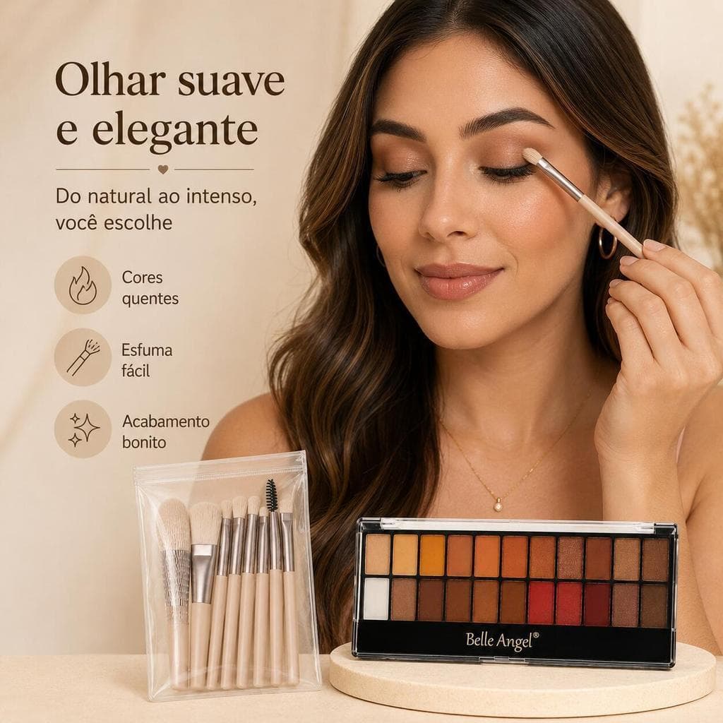 Kit de Maquiagem Belle Angel com Paleta de Sombras 28 Cores, 8 Pincéis e Necessaire Cinza Nude