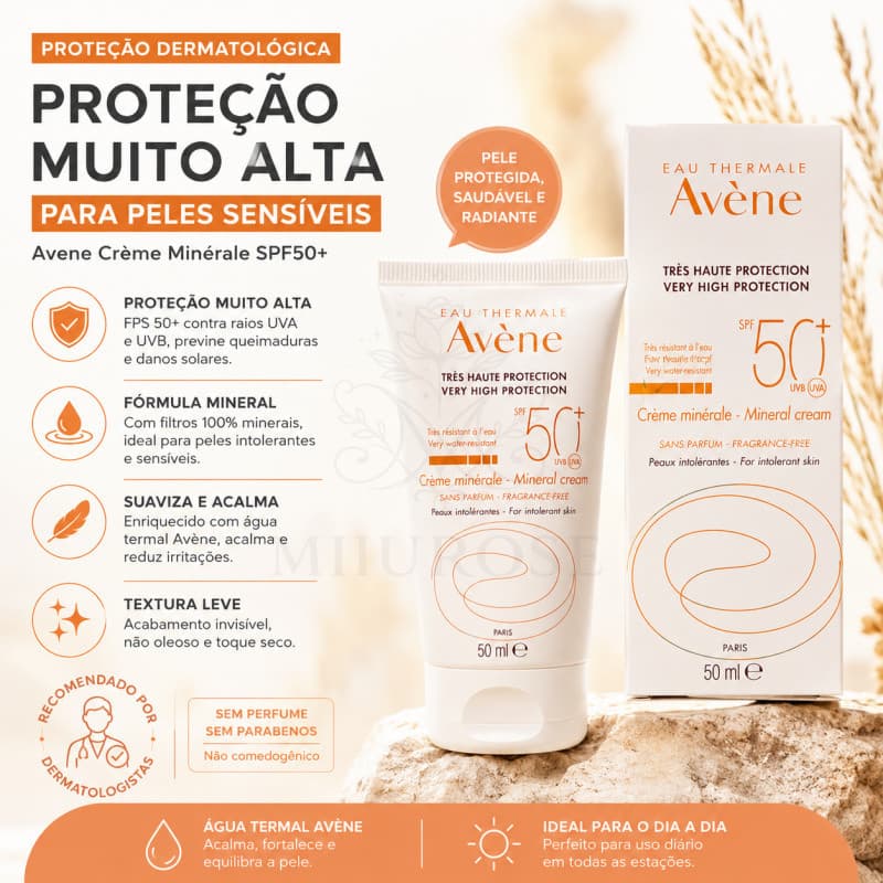 MIIUROSE Avène Protetor Solar Mineral Facial SPF50 Proteção Suave para a Pele 50ml C6WU