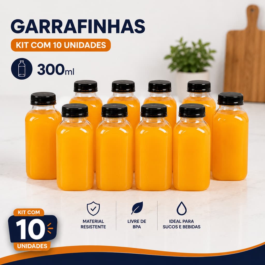 Kit 10 Garrafas PET Tampinha Com Lacre Sucos Açaí Detox 300ml Quadrada