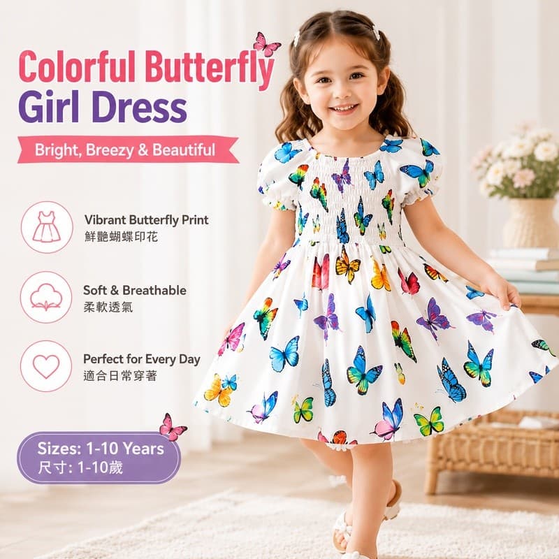 Vestido infantil feminino, fresco e estiloso, com estampa de borboletas por toda parte, vestido princesa em corte A.