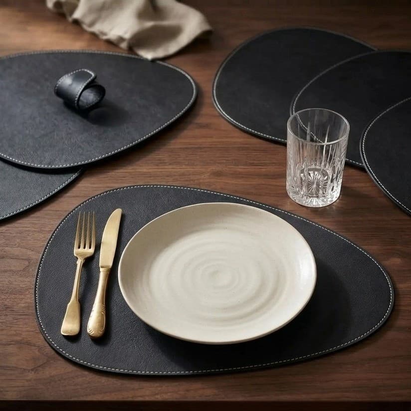 Kits Sousplat Oval Couro Sintético Individual Liso Jogo Americano para Mesa Posta Jantar Cozinha Elegante