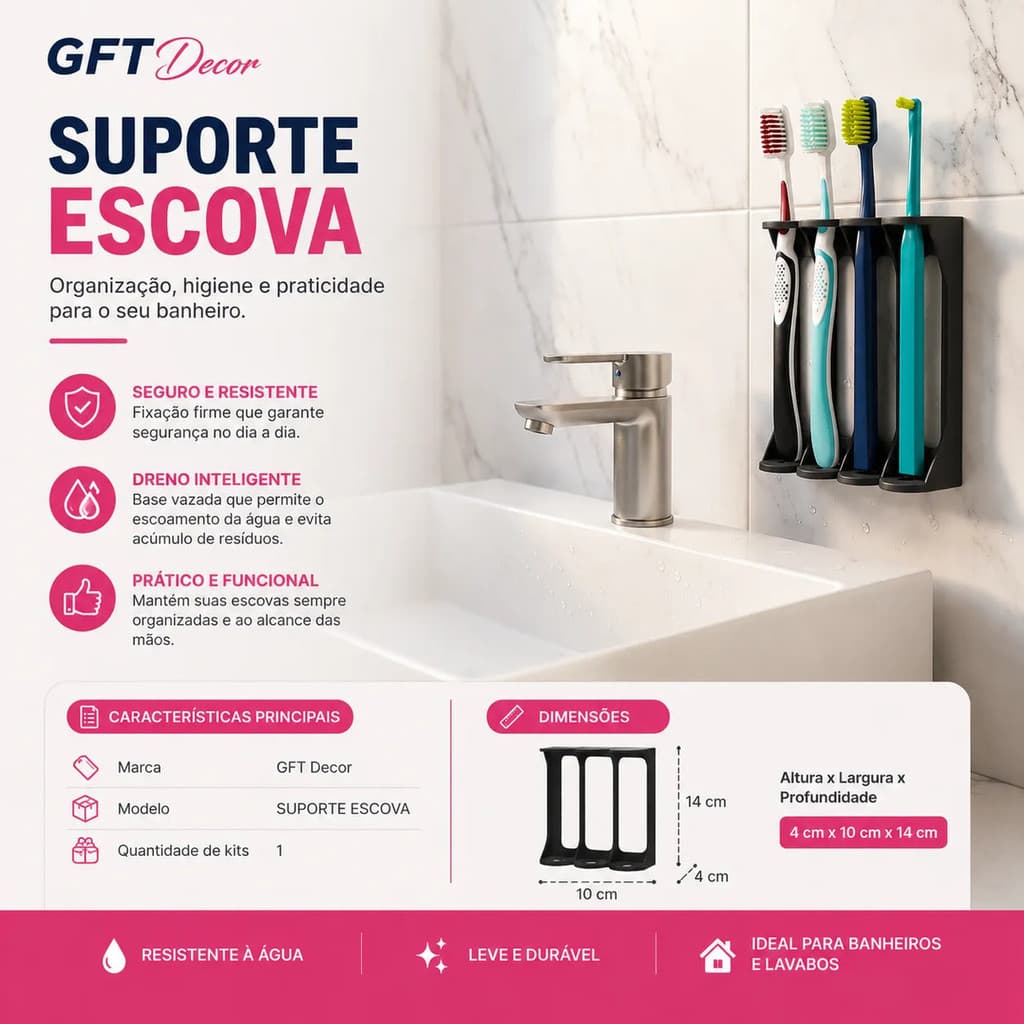 Suporte Escova Dentes Porta Escova Dentes Banheiro Preto