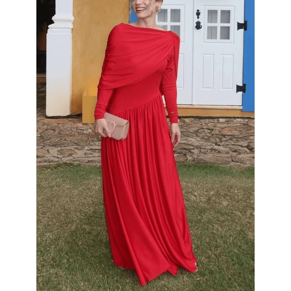 Novo Vestido de Festa e Noite de Manga Longa, Cor Sólida, Franzido, com Cinto na Cintura, Decote nas Costas e Corte Just