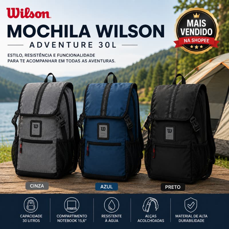 Mochila Wilson Adventure 30L Notebook 15.6 Trilha Camping Viagem Faculdade Resistente à Água Original