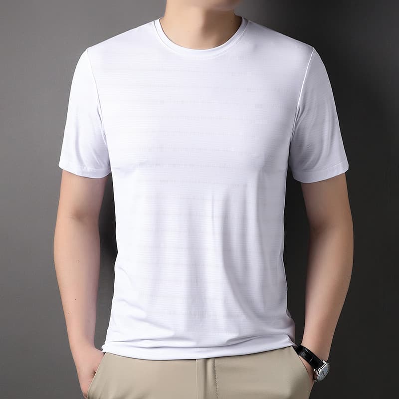 Novo estilo de seda gelo manga curta topo malha camiseta masculina verão Street Wear fino em torno do pescoço solto de s
