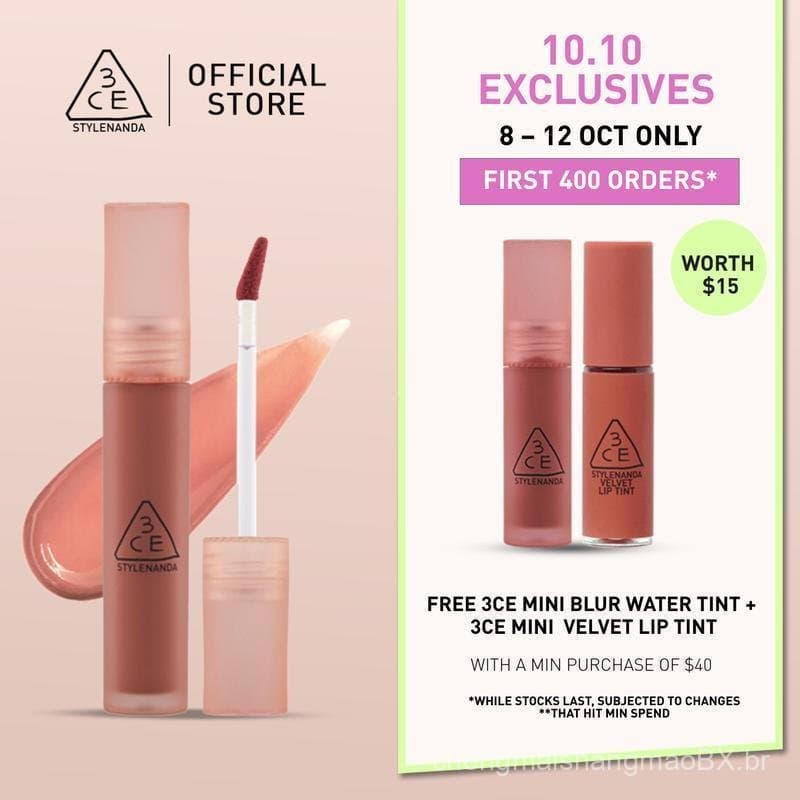 3CE Water Glow Lip Glaze, efeito hidratante, leve e macio, textura sedosa, confortável de usar.