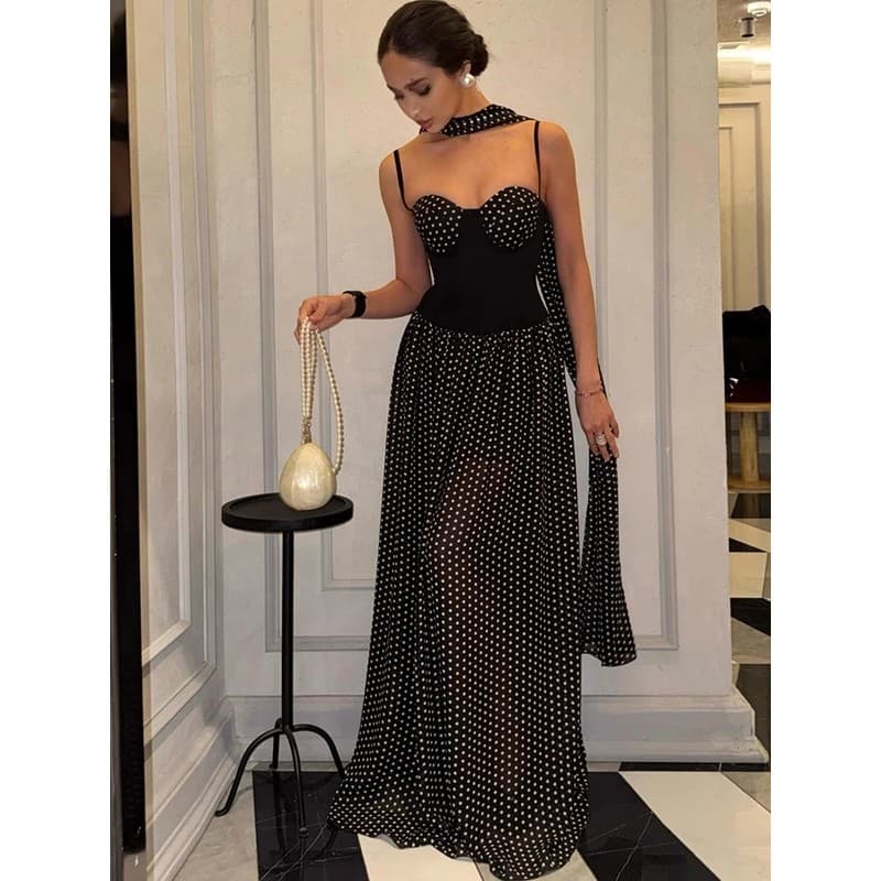 Vestido Elegante de Festa Nibber com Lenço para Mulher, Decote Baixo, Costas Expostas, Estampa de Bolinhas, Sem Mangas,