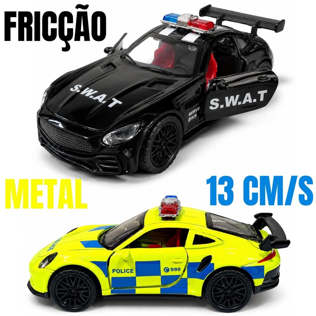 Carrinho Polícia Esportivo Metal Fricção 13cm com Luz, Som e Portas que Abrem