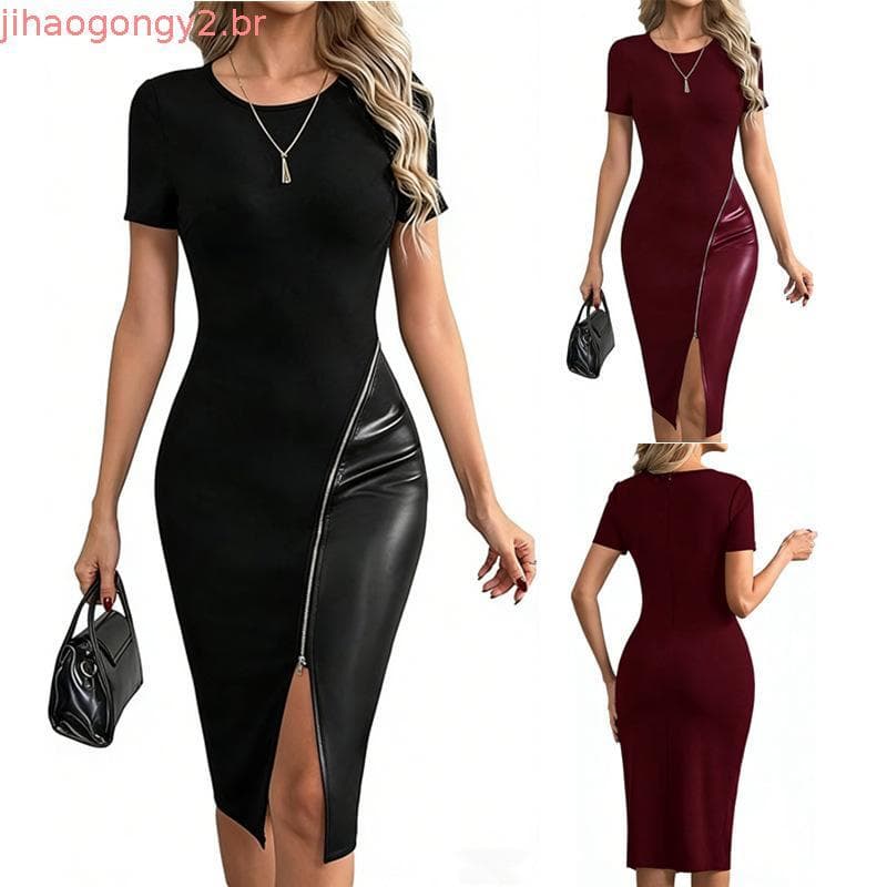 Vestido de manga curta com decote redondo e zíper