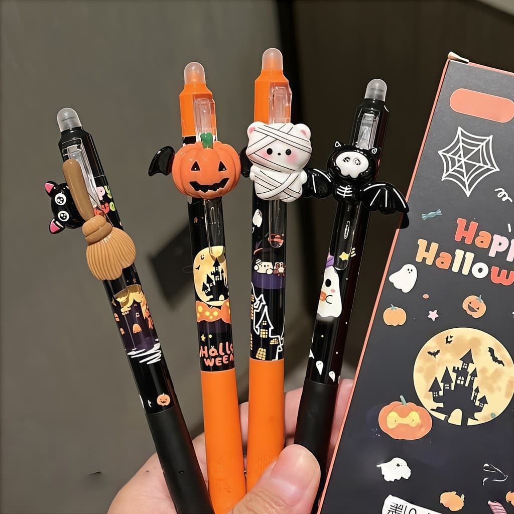 Canetas De Gel Apagáveis De Halloween , 4 Unidades , Por Calor De 0.5 Mm Com Amuletos De Bruxa De Abóbora Fantasma 3D Pa