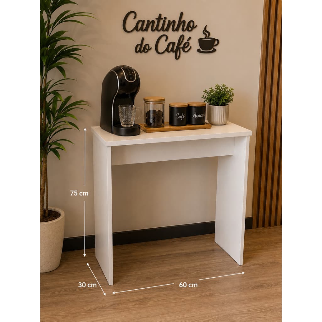 Mesa Compacta para Cantinho do Café 60x30 cm em MDF Branco | Aparador Organizador para Cafeteira