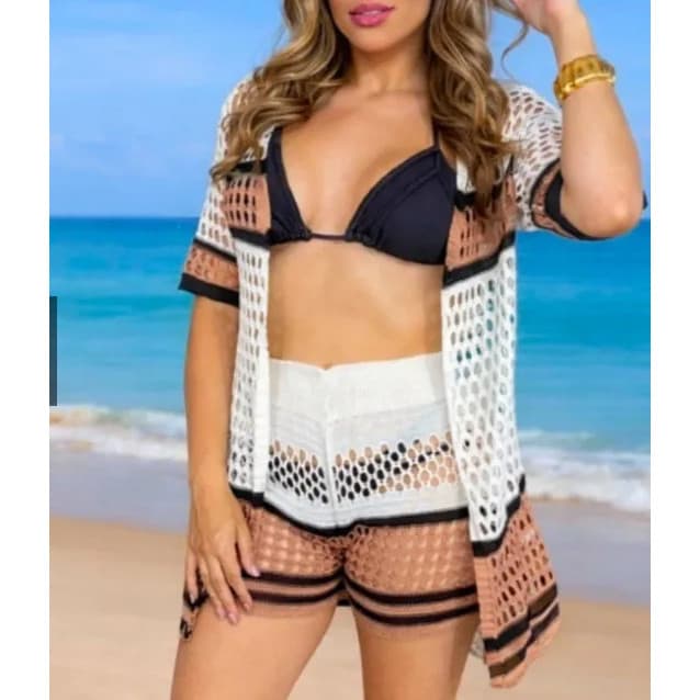 Saida De Praia Conjunto Tricot Short E Kimono Moda Verão