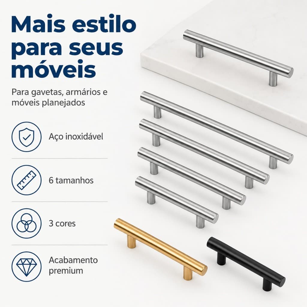 Puxador De Móveis Aço Inox Preto Dourado Prata Furação 64 a 256mm Kit 2 E 4 Peças
