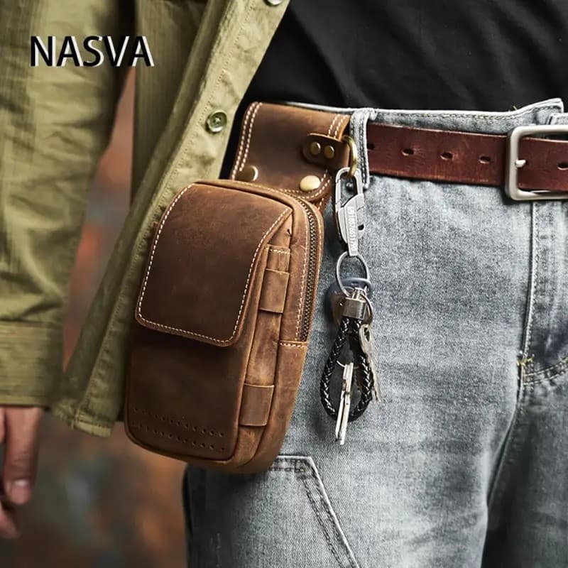Bolsa de Cintura Masculina em Couro Genuíno NASVA, Bolsa Multifuncional para Celular, Bolsa de Cintura com Fivela para C