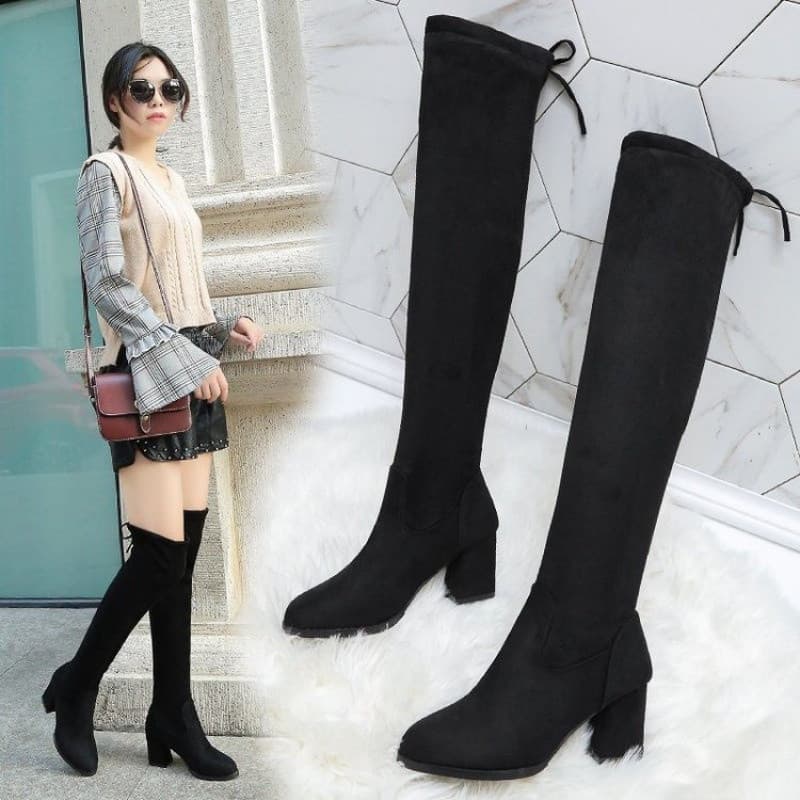 Botas acima do joelho Botas elásticas acima do joelho Botas femininas de camurça justas com forro único e lã