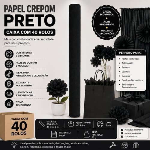 Caixa 40 Rolos Papel Crepom Preto Decoração Festa Artesanato Embalagem Eventos