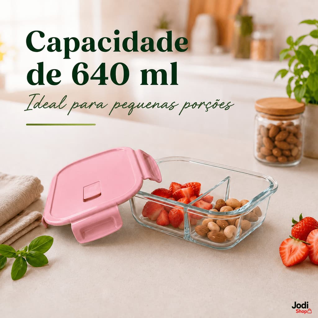 Pote Marmita de Vidro 640ml com 2 Compartimentos e Tampa com Travas Laterais