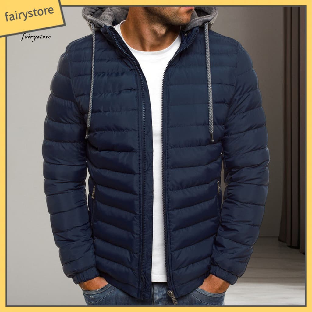 Men Hooded Cotton Coat Winter Warm Men's with Drawstring Hood Long Sleeve Thick Jacket Plush Lining Zipper Front Outerwe