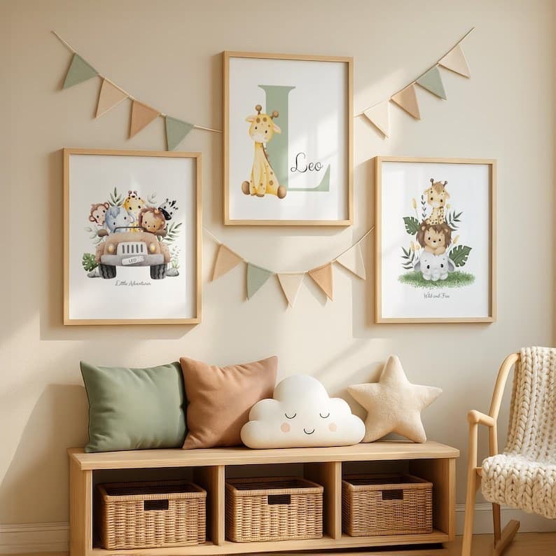 Kit 3 Quadros Safári de Animais Bebês com Nome Personalizado