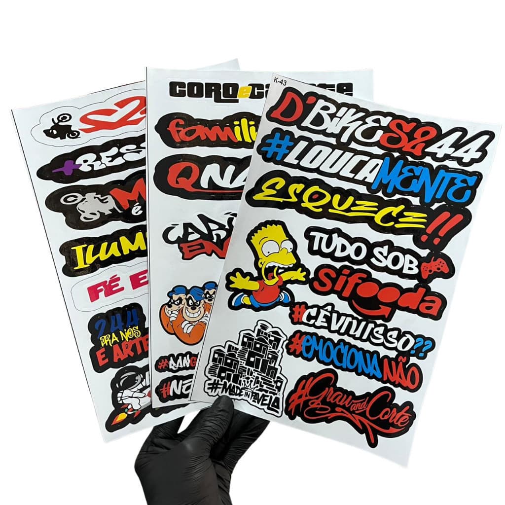 Kit 3 Cartelas Adesivos Vinil Laminado 30x20cm à Prova D’Água, Não Desbota e Alto Brilho Moto Carro Bike Capacete
