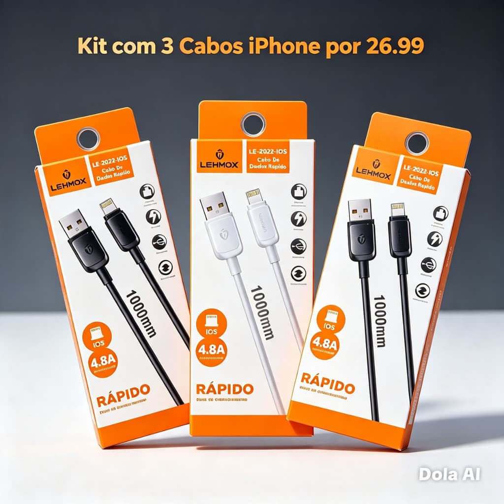 kit 3 cabos IPhone Lightning 7, 8, 9, XR, 12, 13 e 14 Pro Max Turbo Carregamento Rápido IOS