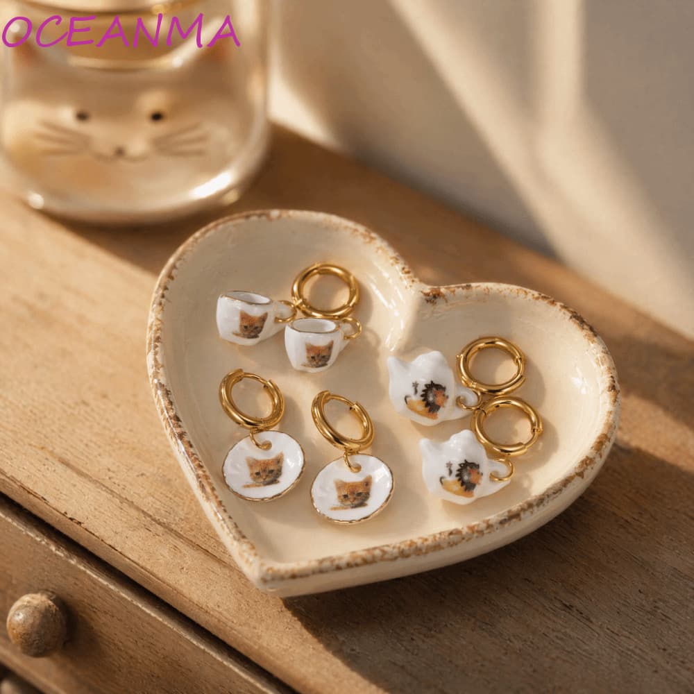 Brincos De Argola Com Padrão De Gato Gengibre OCEANMA , Placa De Aço Inoxidável Óleo Pingando , Fivela De Orelha Para Bu