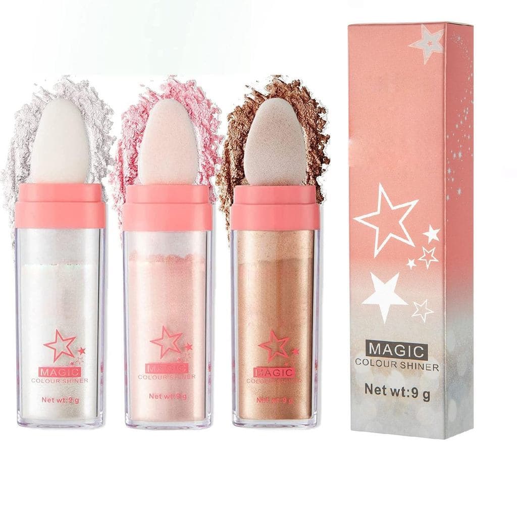 Iluminador de maquiagem com glitter de 3 cores, pó iluminador facial tridimensional natural para realçar o corpo, blush