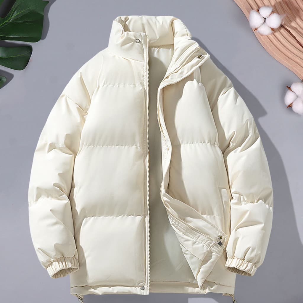 Short Cotton Coat Winter Puffer Jacket for Women Stand-up Collar Long Sleeve Zipper Front Thickened Warm Outwear with Po