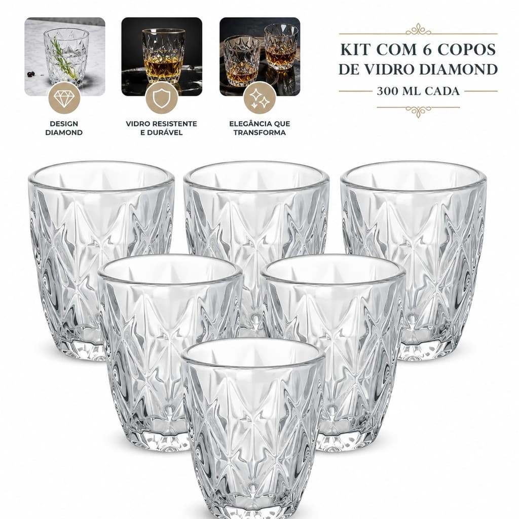 Kit Jogo 6 Copos De Vidro Grosso Baixos Diamond 300ml Diamante Luxo Elegante Moderno Transparente Resistente Moderno