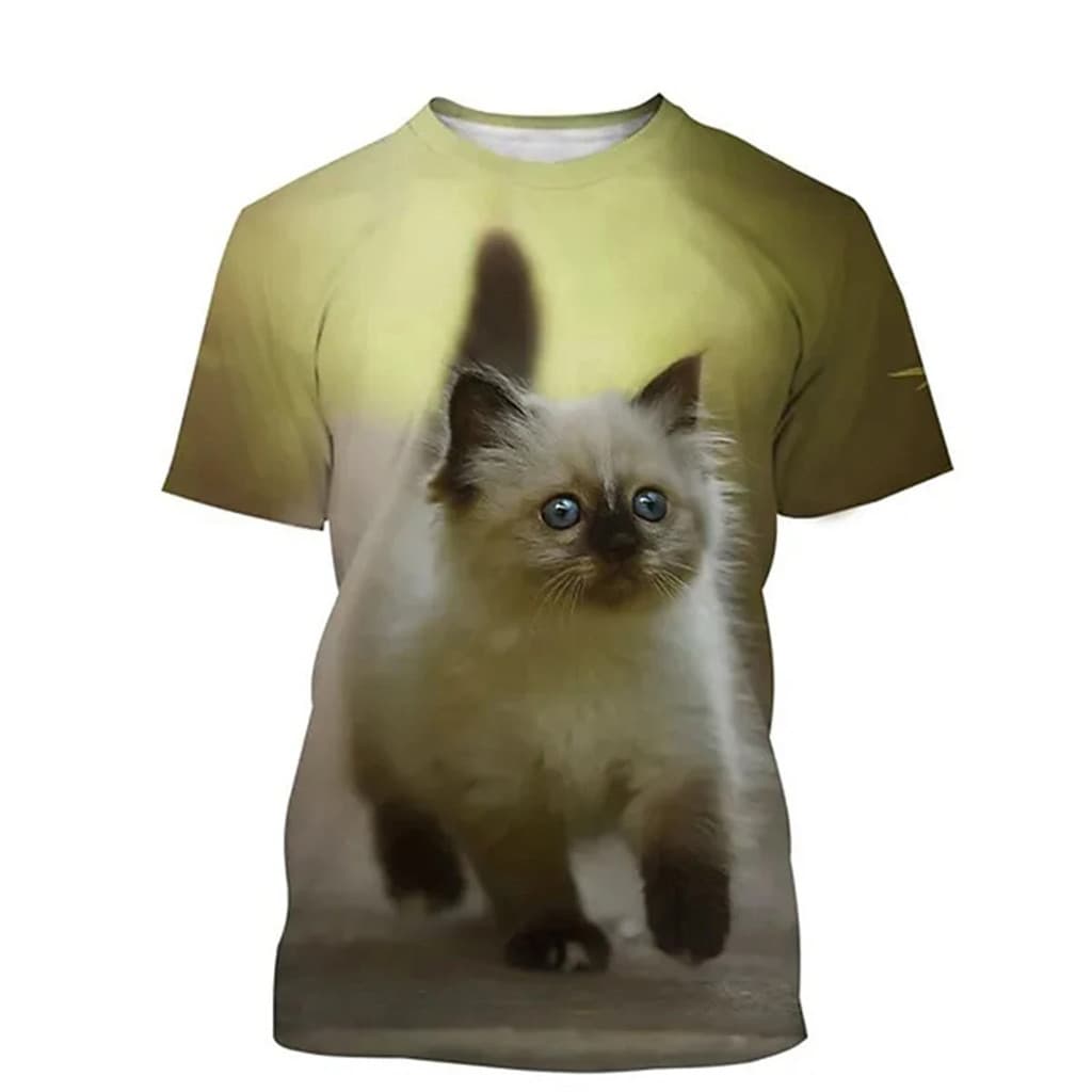 2026 Neutro Verão casual Manga Curta Camiseta Novo 3D Pelúcia Gato Divertido Gatinho Impressão Personalizado Versátil To