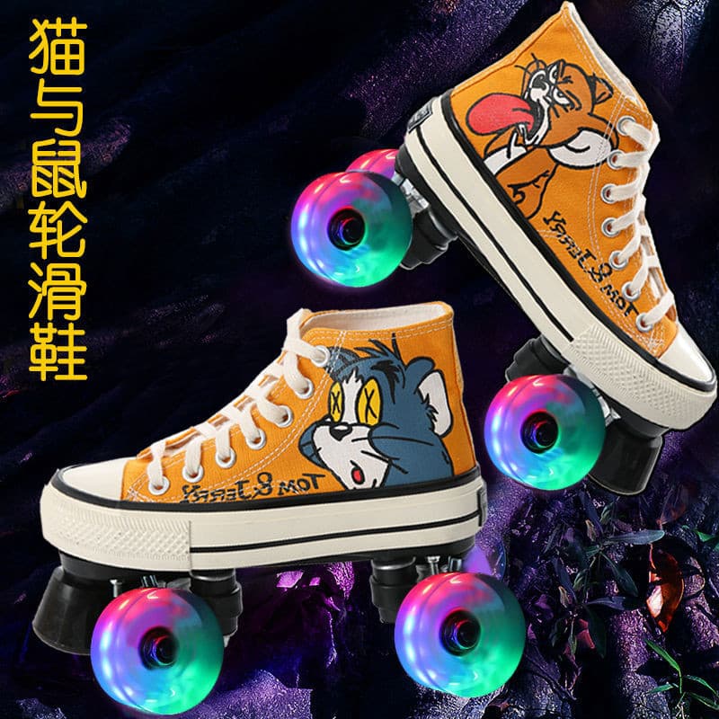 Patins de lona para adultos, homens e mulheres, patins de duas fileiras para iniciantes, com rodas iluminadas, patins de
