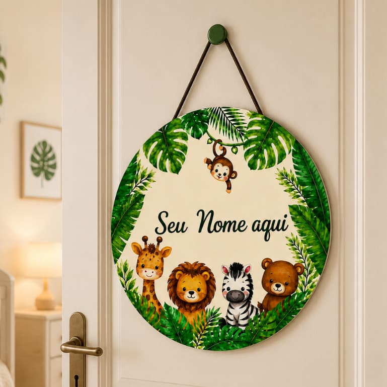 Enfeite Porta Maternidade MDF Selva Bebê Nome Personalizado Decoração