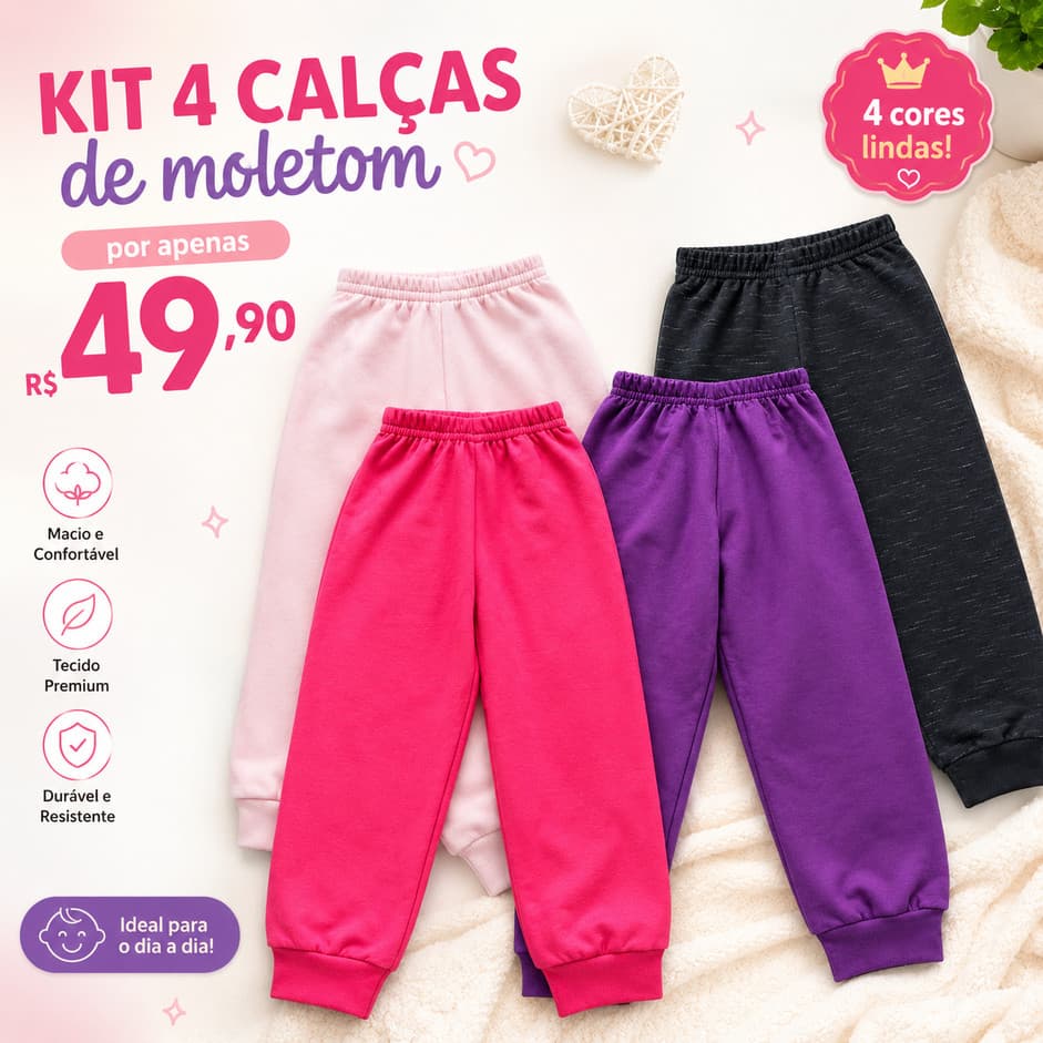 Kit 4 Calças De Moletom Infantil Menina Sortida Inverno Outono Peluciada