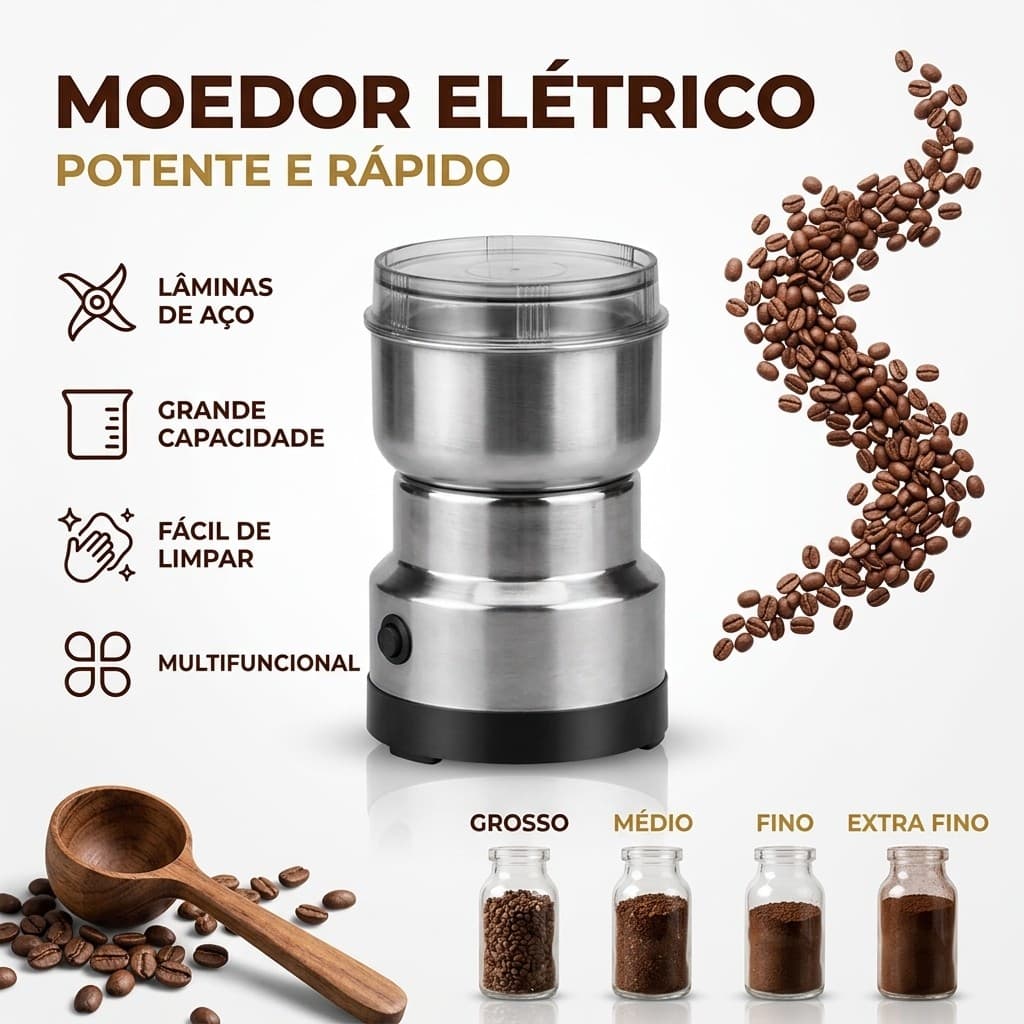 Moedor Multifun de Café em Aço Inox com 4 Lâminas Multifuncional para Especiarias e Grãos - Bivolt 110V/220V - Portáti