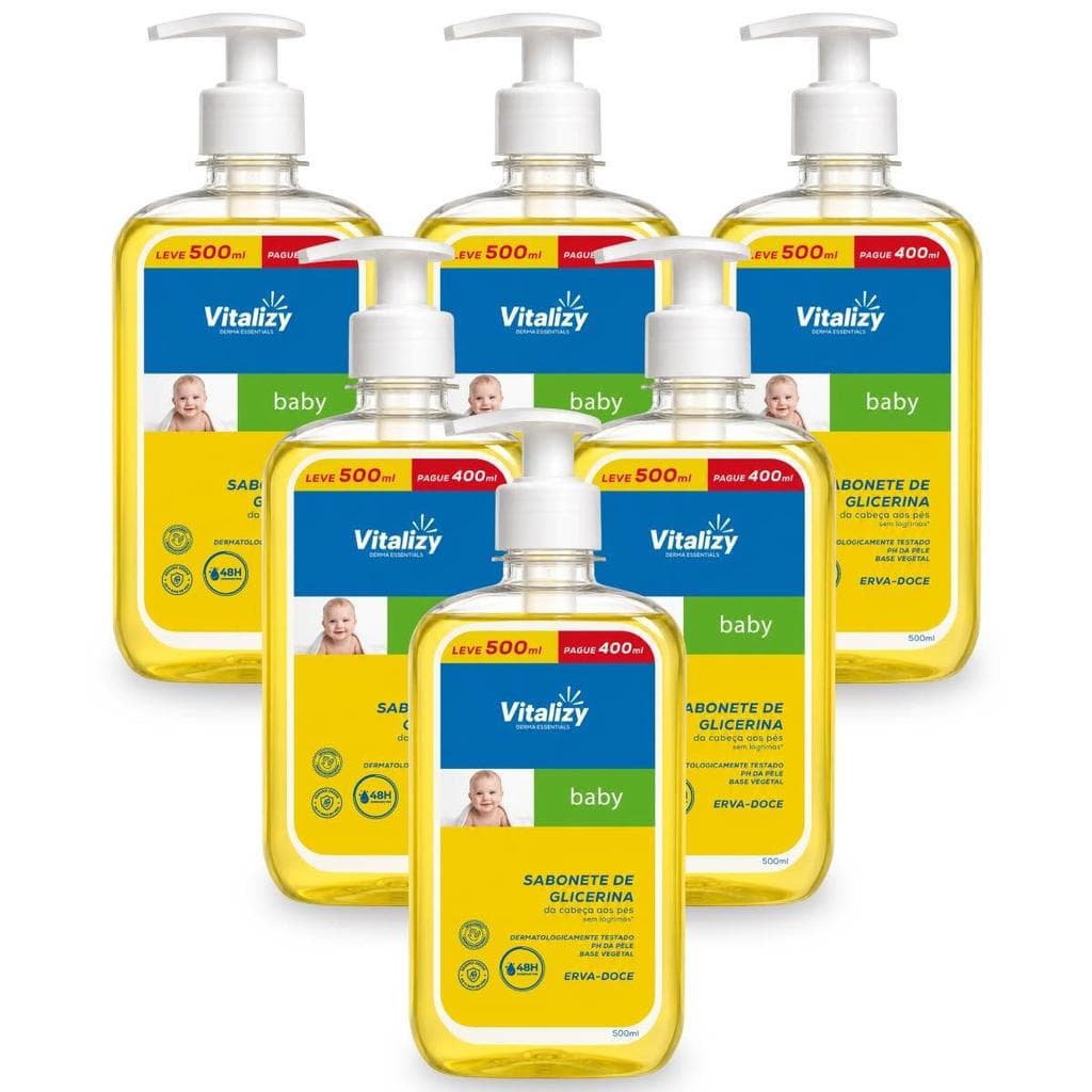 Kit 6x500ml Sabonete Líquido Bebê Glicerina Sem Lágrimas Erva-Doce Dermatologicamente Testado Base Vegetal Vitalizy