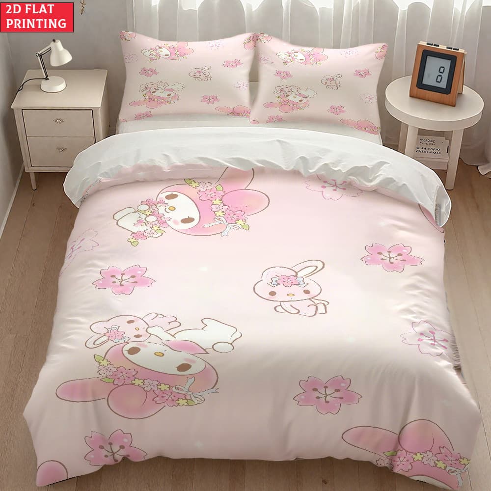 2D Flat Sanrio My Melody Rosa Conjunto de decoração de cama impressa de alta definição, conjunto de 3 peças, adequado pa