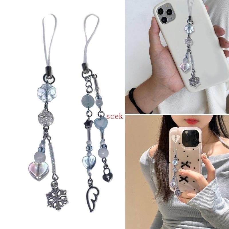 scek Portátil Frisado Chaveiros Pingente Floco Neve Asa Enforcamentos Chaveiro Elegante Telefone Charme