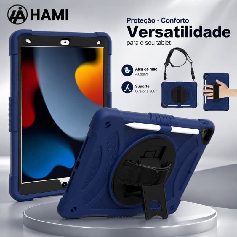 HAMI Capa para iPad 7/8/9/ com Alça, Infantil Antichoque Suporte 360°,Protetor de Tela e Porta Lápis