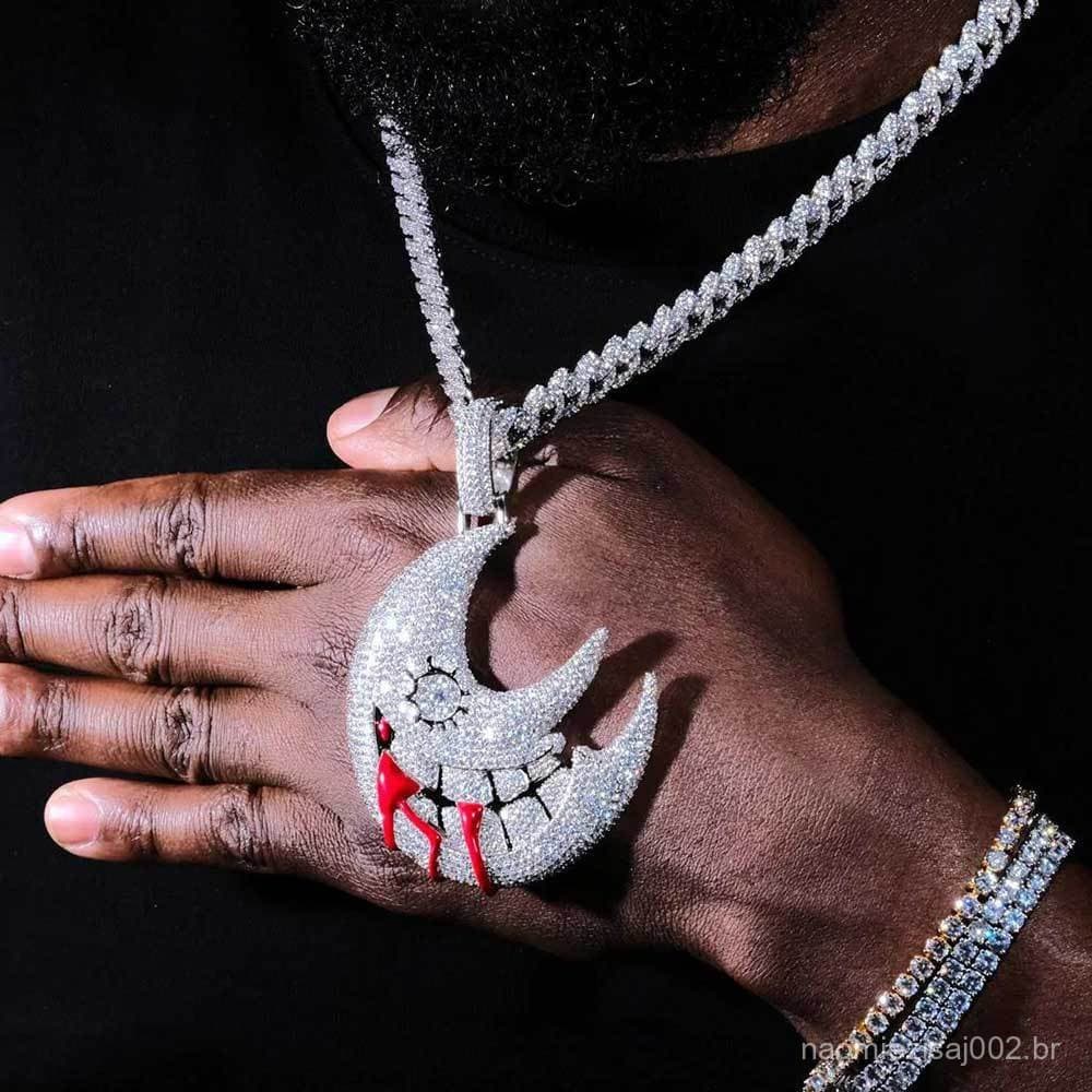 Novo Iced Out Corrente Colar Hip Hop Europeu E Americano Pingente Lua Exagerado Personalidade EngraçAda Trippie Mesmo
