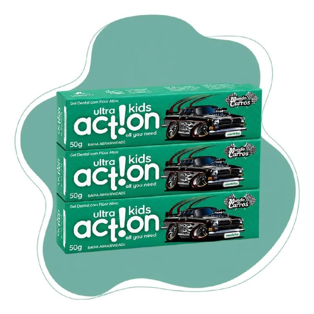 Kit Com 3 Gel Creme Dental Infantil Com Fluor Vegano 3+ Anos - Ultra Action Kids - Mundo Dos Carros