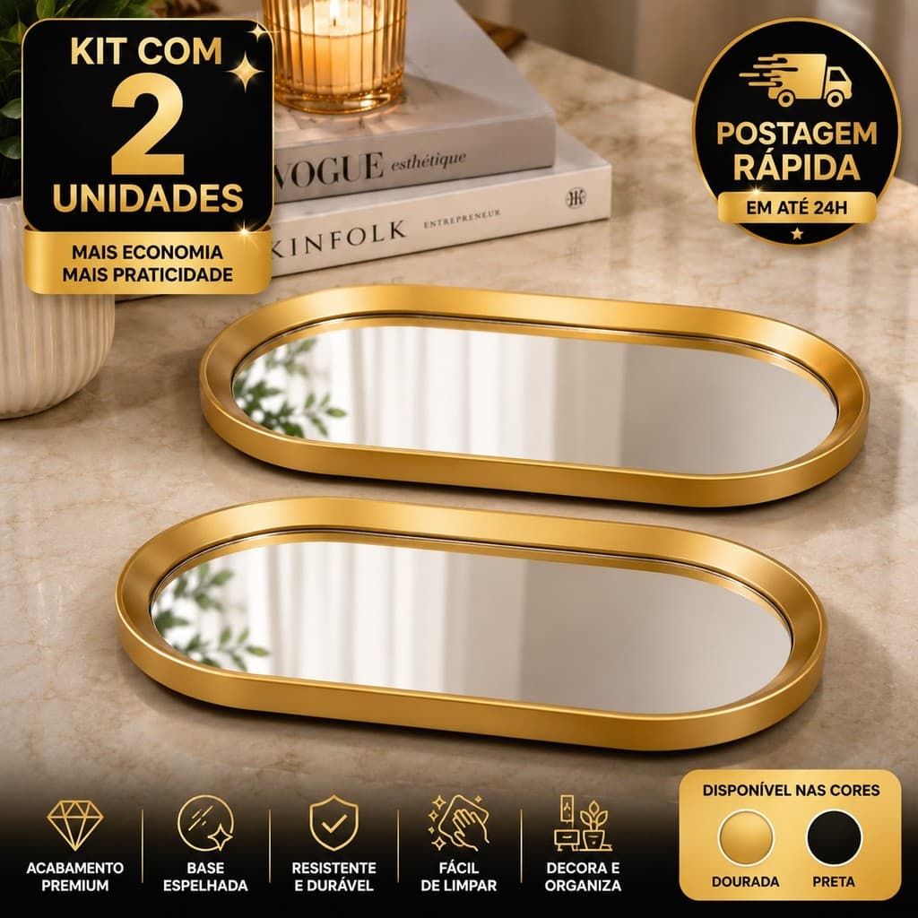 Kit 2 Bandejas Decorativas Espelhadas Dourada ou Preta Organizador Luxo para Banheiro Perfumes Maquiagem Lavabo