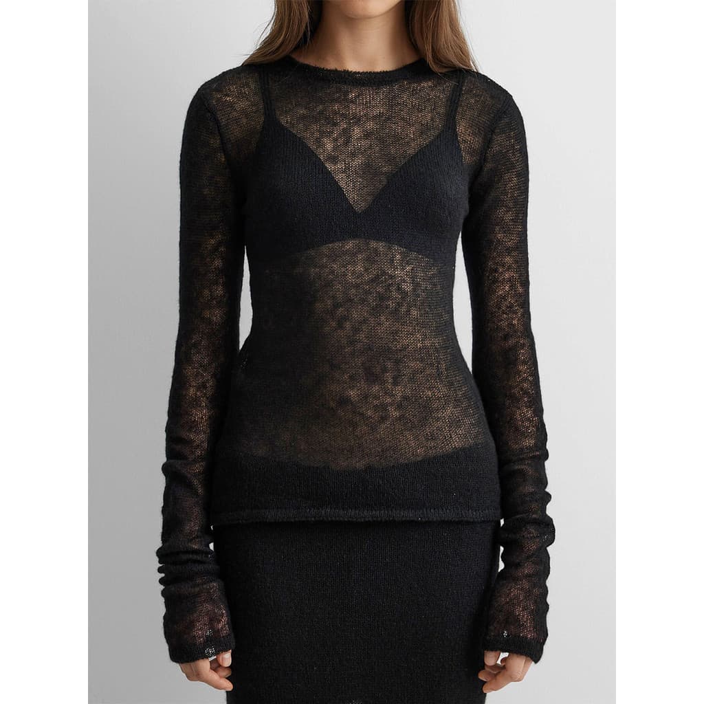 [Novo produto] Suéter temperamento textura estilo fino perspectiva oca moda malha suéter de manga comprida [venda quente