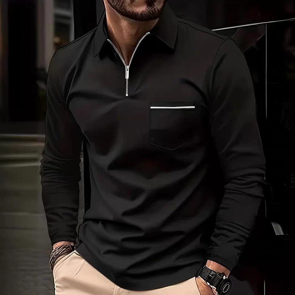 Camisa POLO masculina de manga comprida de cor sólida com lapela e zíper Slim Fit