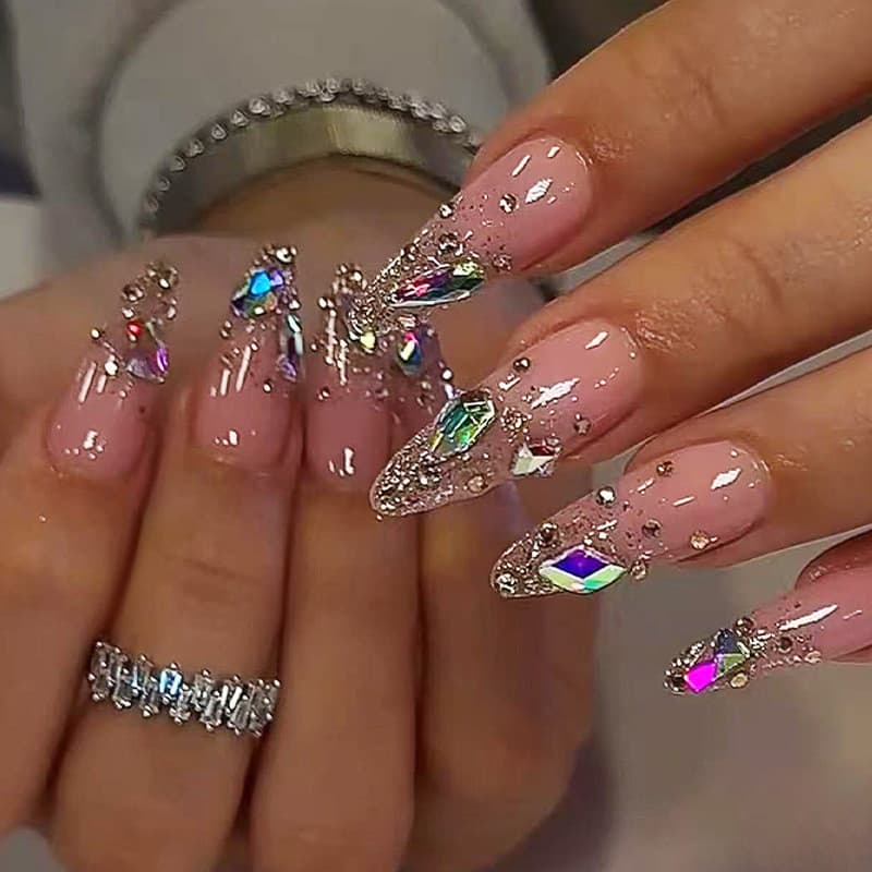 Diamantes de manicure coloridos estilo misto high-End menina usar unhas manicure estilo longo forma de amêndoa sinfonia