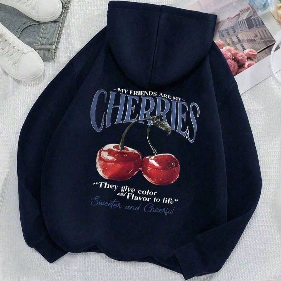 Moletom Casual Feminino com Estampa de Cereja e Ombros Caídos Fofo Kwaii
